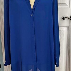 CHIFFON BLOUSE, COBALT BLUE, SIZE 24, CREPE MIDSECTION, LONG SLEEVES, HIGH-LOW